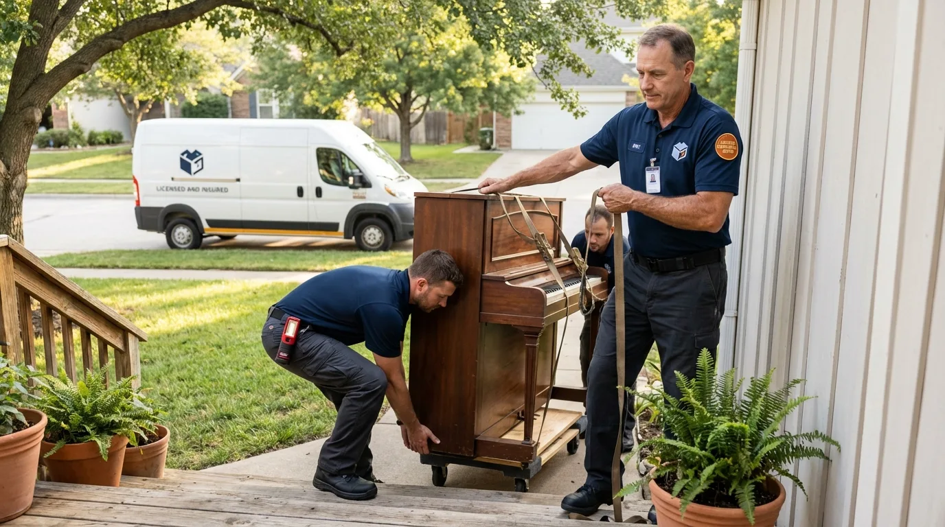 Licensed piano movers securing grand piano in Marlboro, NJ