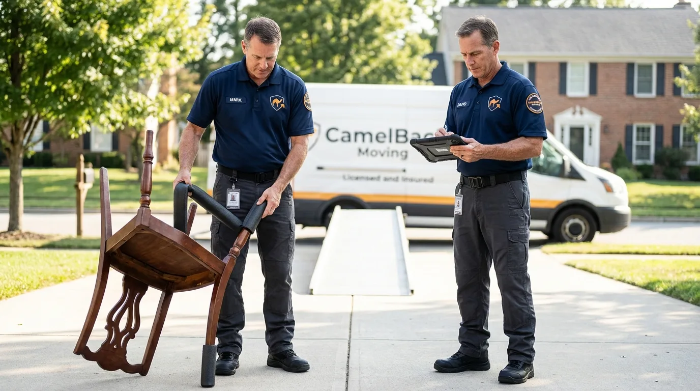 Movers inspecting furniture for damage prevention before loading in Marlboro, NJ