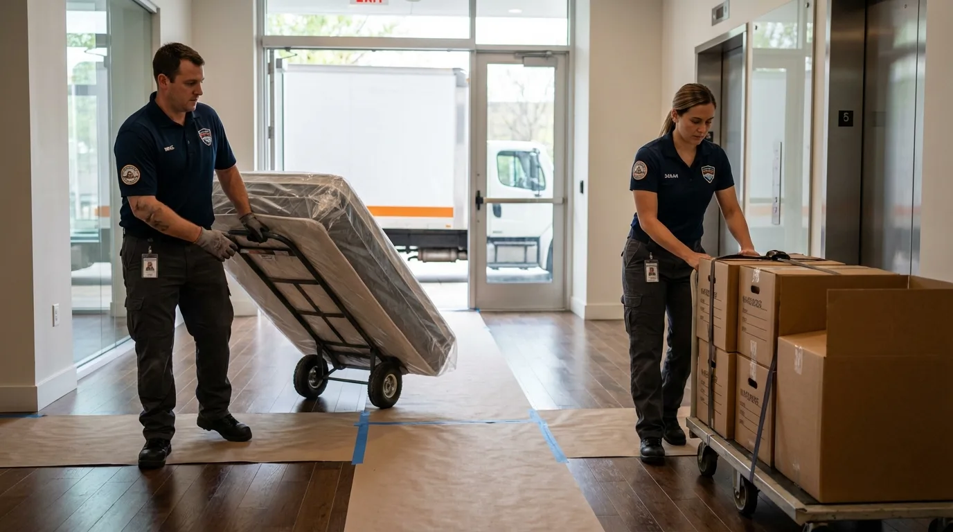 Professional apartment movers loading elevator in Marlboro, NJ