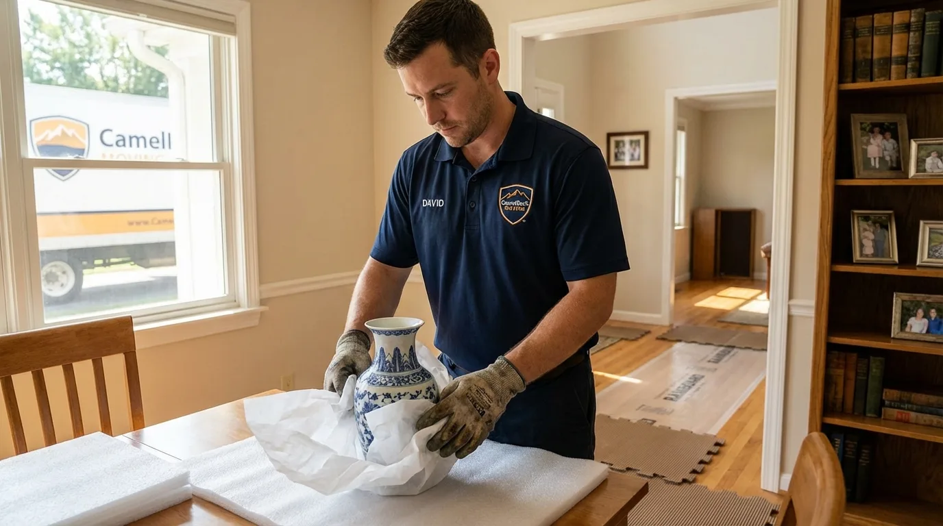 Professional crew carefully wrapping antique vase for senior downsizing move in Marlboro, NJ